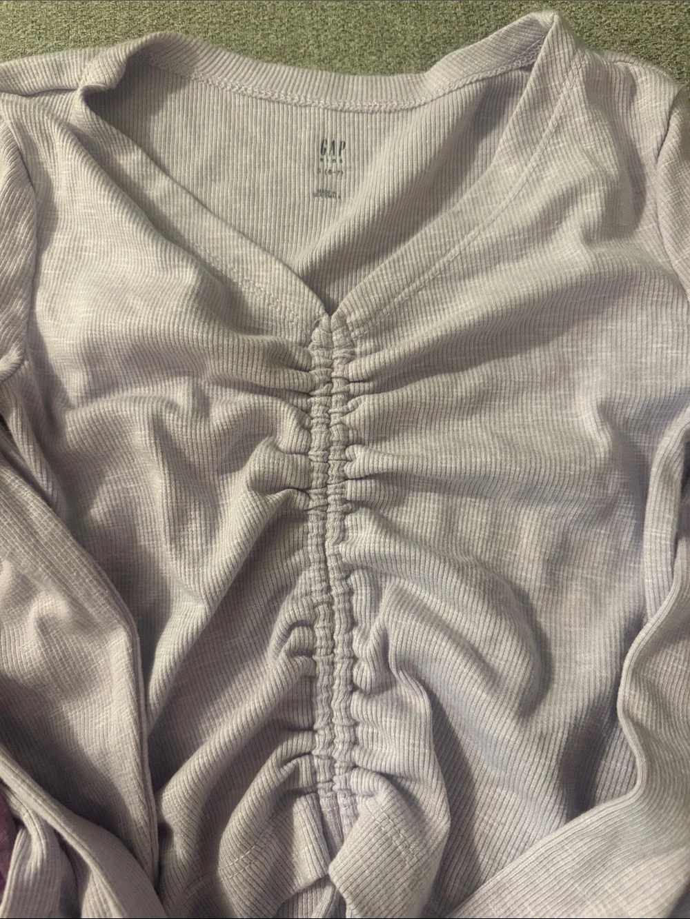 5/$15- Light Lavender Ruched Long Sleeve Top with Purple Leopard Jeans